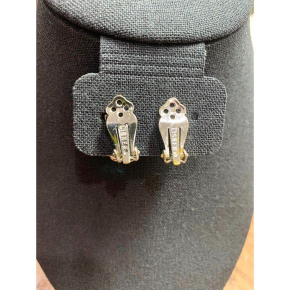 Vintage Lisner Rhinestone Earring Clip On Crystal Sparkle Fire Leaf Wing Blue - Picture 3 of 3